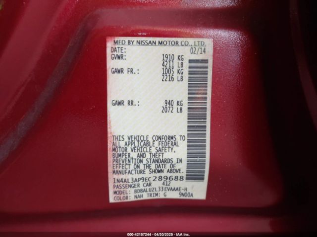 1N4AL3AP9EC289688 Nissan Altima 2.5 Sv