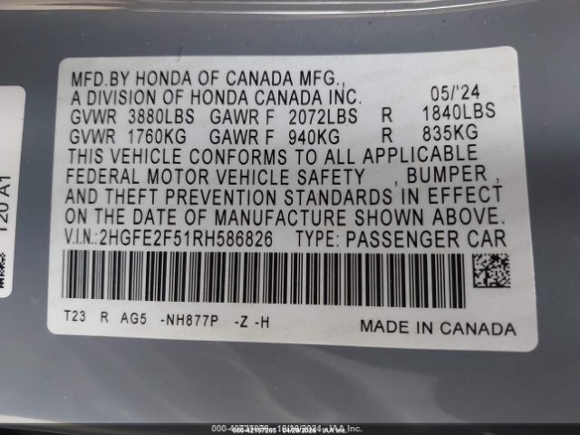 2HGFE2F51RH586826 Honda Civic Sport