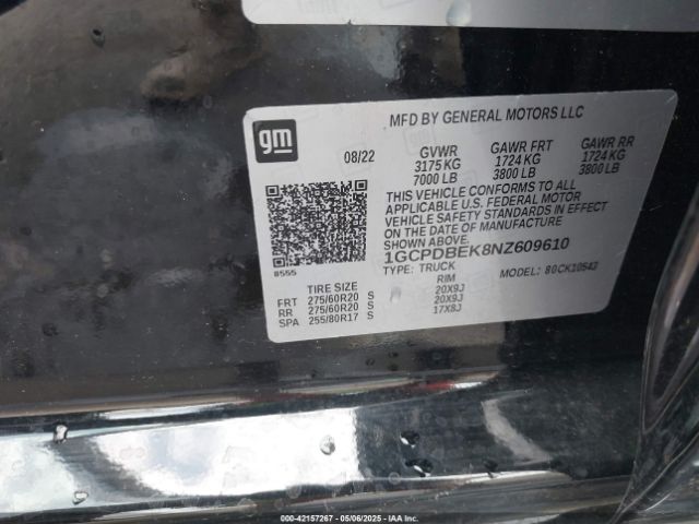 1GCPDBEK8NZ609610 Chevrolet Silverado 1500 4wd  Short Bed Custom