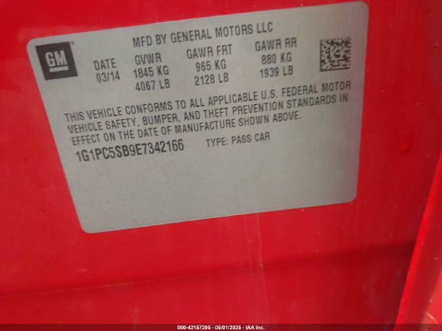 1G1PC5SB9E7342166 Chevrolet Cruze 1lt Auto