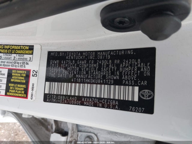 4T1B11HK0KU841129 Toyota CAMRY XLE