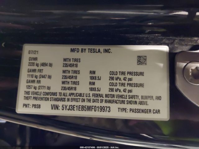 2021 TESLA MODEL 3 5YJ3E1EB5MF019973 Photo 8