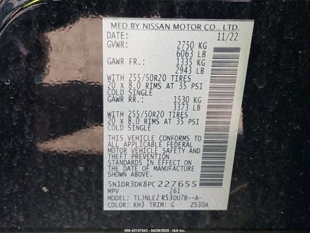 5N1DR3DK8PC227655 Nissan Pathfinder Platinum 4wd