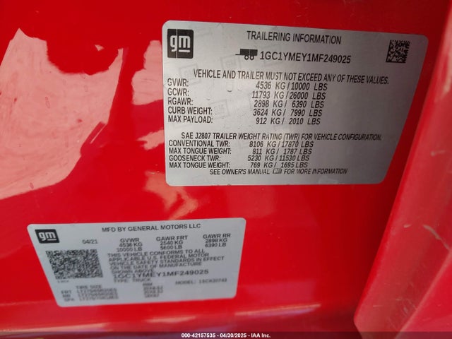 1GC1YMEY1MF249025 Chevrolet Silverado 2500hd 4wd  Standard Bed Custom