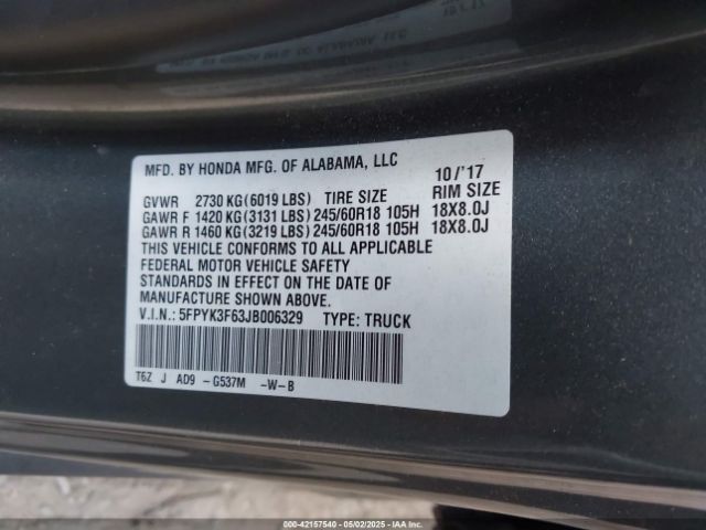 5FPYK3F63JB006329 Honda Ridgeline Rtl-t