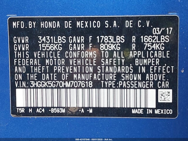 3HGGK5G70HM707618 Honda l15b1/l15b3