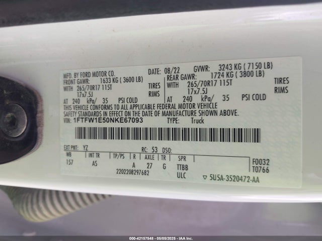 1FTFW1E50NKE67093 Ford F-150 Xl
