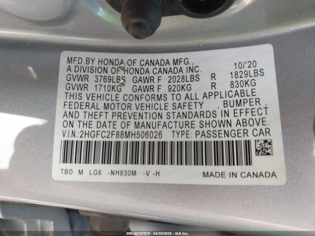 2021 HONDA CIVIC 2HGFC2F88MH506026 Photo 8