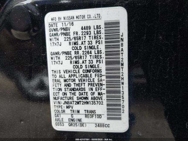 JN8AT2MT2HW135702 Nissan ROGUE S