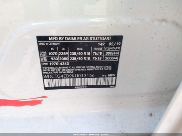 WDCTG4EB9KU013166 Mercedes-Benz GLA 250