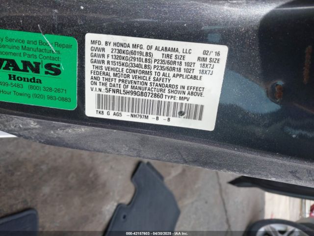5FNRL5H99GB072860 Honda Odyssey Touring/touring Elite