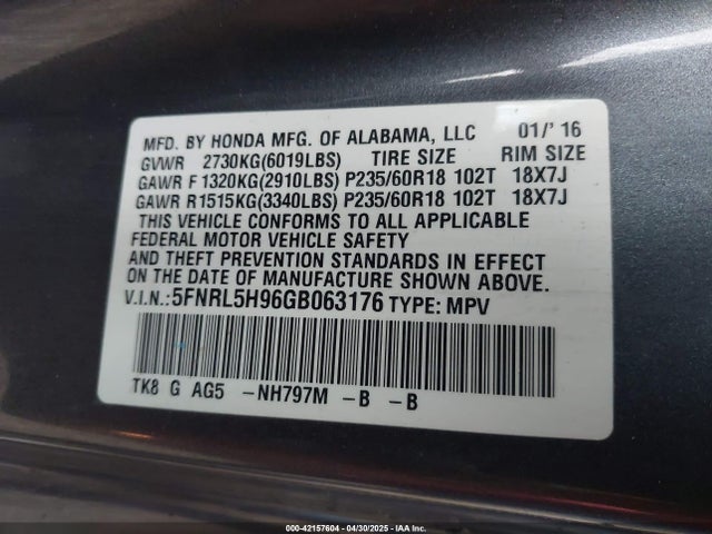 5FNRL5H96GB063176 Honda Odyssey Touring/touring Elite