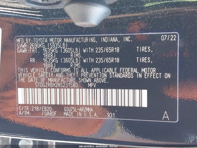 5TDGZRBH2NS231580 Toyota Highlander Xle