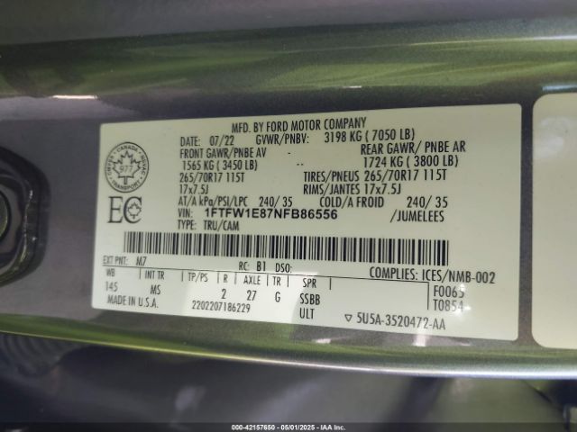 1FTFW1E87NFB86556 Ford F-150 Xlt