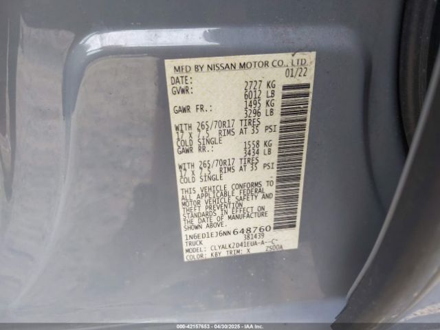 1N6ED1EJ6NN648760 Nissan Frontier Pro-x 4x2