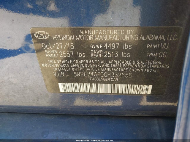 5NPE24AF0GH332656 Hyundai SONATA SE