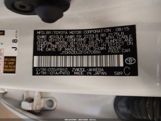 JTDKN3DU2F0470886 Toyota Prius Two