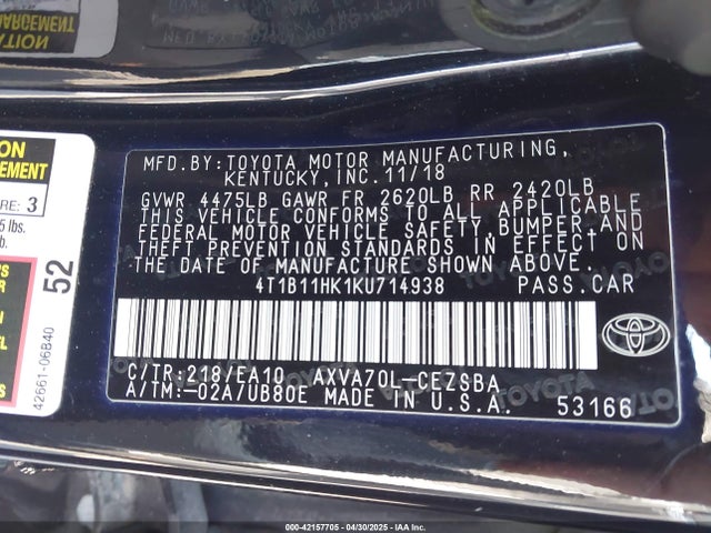 4T1B11HK1KU714938 Toyota CAMRY SE