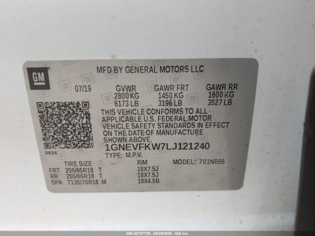 1GNEVFKW7LJ121240 Chevrolet Traverse Awd Ls