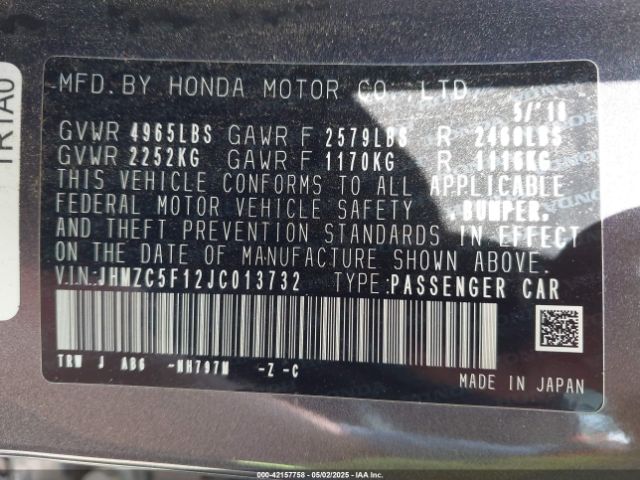 JHMZC5F12JC013732 Honda CLARITY PLUG-IN HYBRID