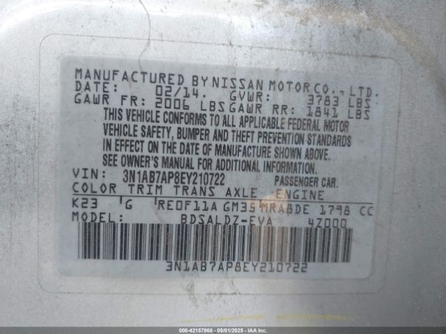 3N1AB7AP8EY210722 Nissan Sentra Fe+ S/fe+ Sv/s/sl/sr/sv