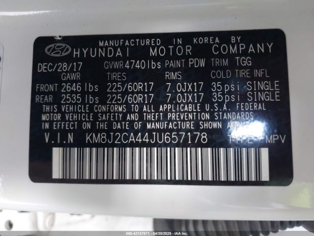 KM8J2CA44JU657178 Hyundai TUCSON SE