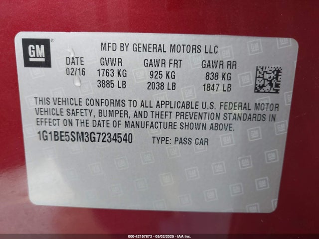1G1BE5SM3G7234540 Chevrolet Cruze Lt Auto