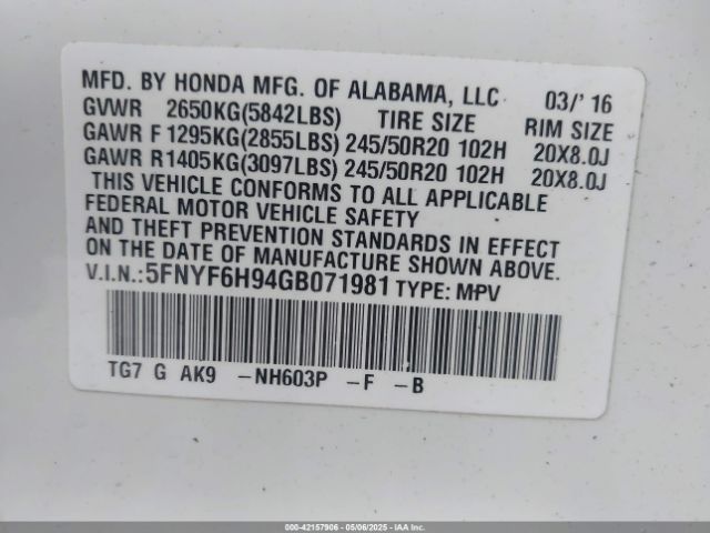 5FNYF6H94GB071981 Honda Pilot Touring