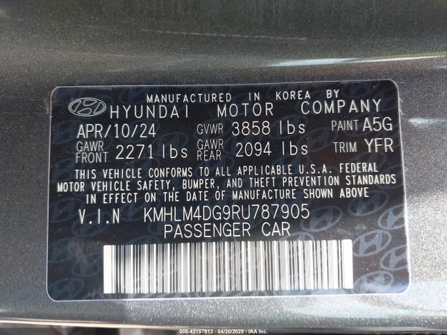 KMHLM4DG9RU787905 Hyundai ELANTRA SEL