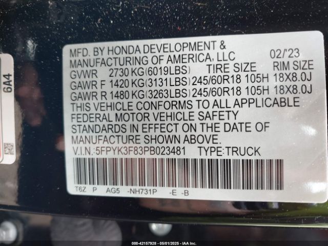 5FPYK3F83PB023481 Honda Ridgeline Black Edition