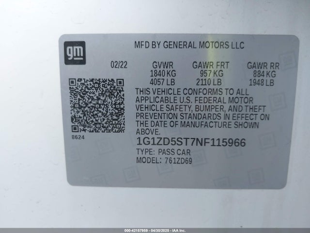 1G1ZD5ST7NF115966 Chevrolet Malibu Fwd Lt