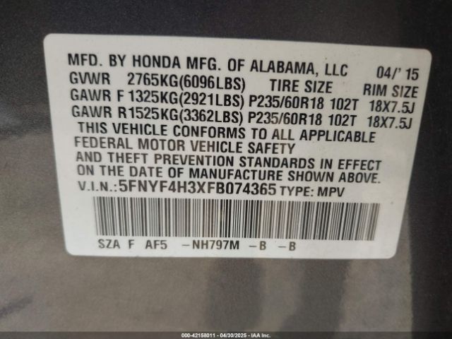 5FNYF4H3XFB074365 Honda PILOT SE