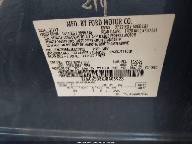 2FMGK5B8XJBA05923 Ford FLEX SE