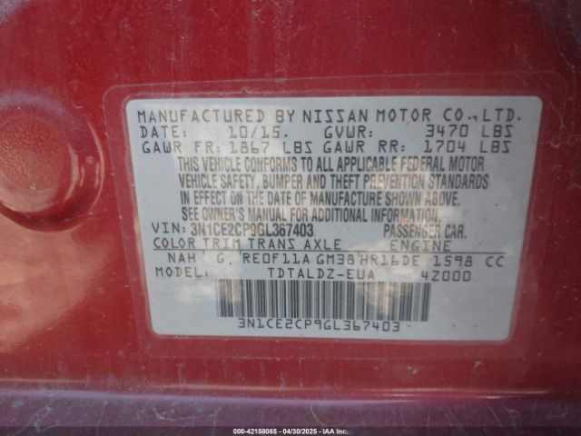 3N1CE2CP9GL367403 Nissan Versa Note S (sr)/s Plus/sl/sr/sv
