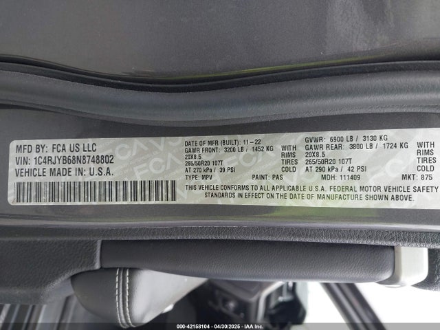 1C4RJYB68N8748802 Jeep Grand Cherokee
