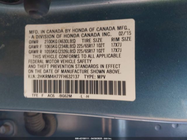2HKRM4H77FH632137 Honda Cr-v Ex-l