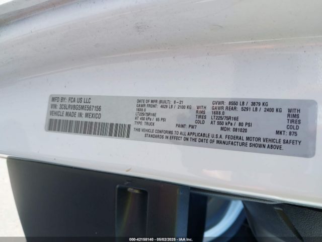 3C6LRVBG5ME567156 RAM Promaster 1500 High Roof 136 Wb