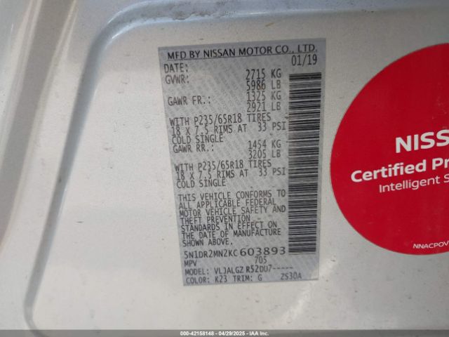 5N1DR2MN2KC603893 Nissan Pathfinder Sl