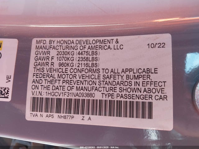 1HGCV1F31NA093880 Honda l15be