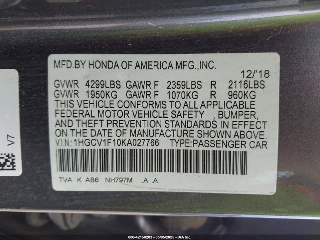 1HGCV1F10KA027766 Honda ACCORD LX