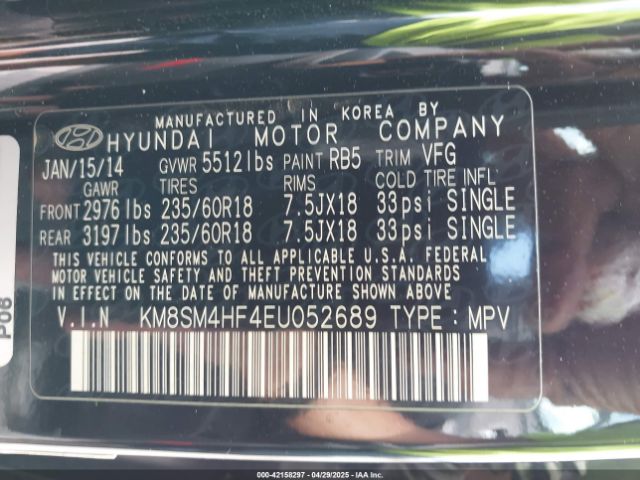 KM8SM4HF4EU052689 Hyundai Santa Fe Gls