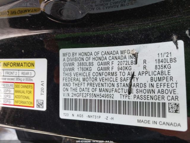 2HGFE2F55NH549692 Honda k20c2