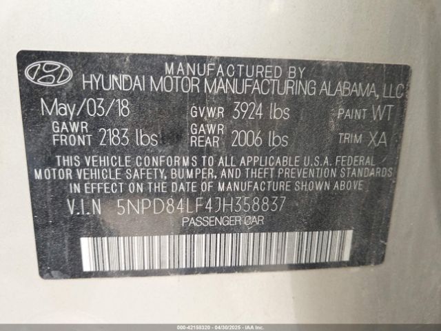 5NPD84LF4JH358837 Hyundai ELANTRA SEL
