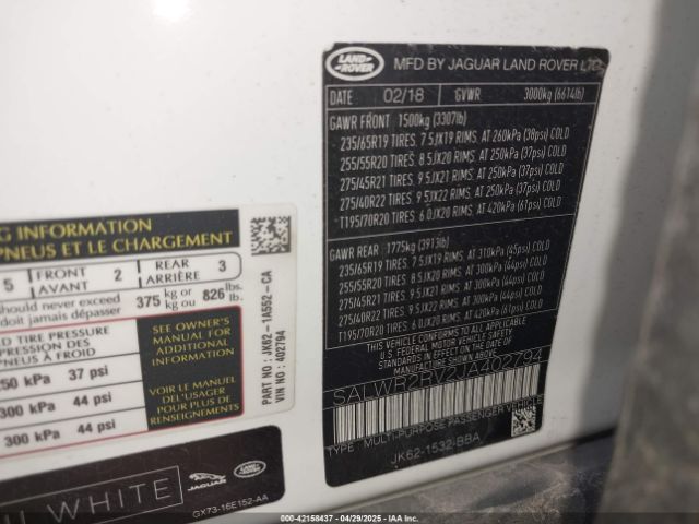 SALWR2RV2JA402794 Land Rover Range Rover Sport Hse