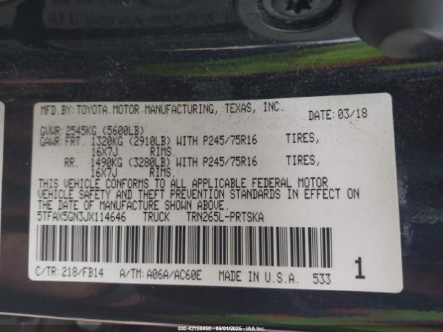 5TFAX5GN3JX114646 Toyota Tacoma Sr
