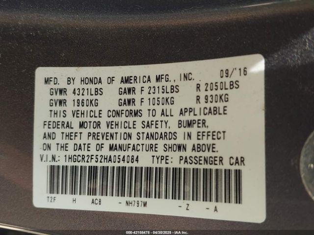 1HGCR2F52HA054084 Honda Accord Sport