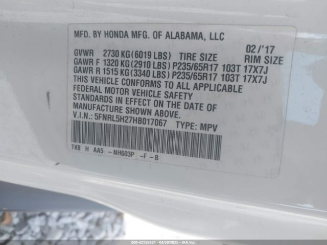 5FNRL5H27HB017067 Honda ODYSSEY LX