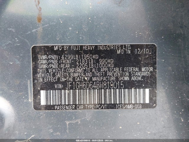 Aukcja sprzedaży 2011 Subaru Impreza Outback Sport, vin: JF1GH6D64BH819015, numer aukcji: 42158515