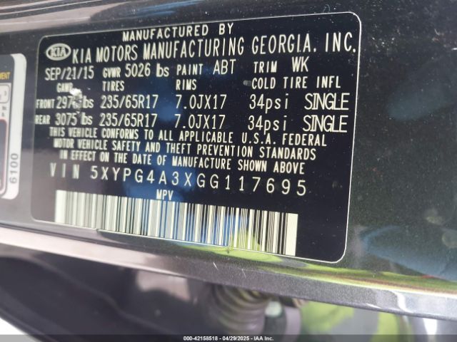 5XYPG4A3XGG117695 KIA Sorento 2.4l Lx