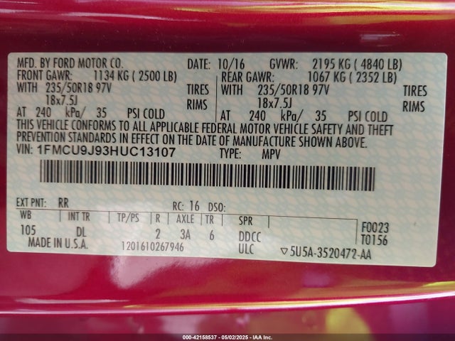 1FMCU9J93HUC13107 Ford Escape Titanium